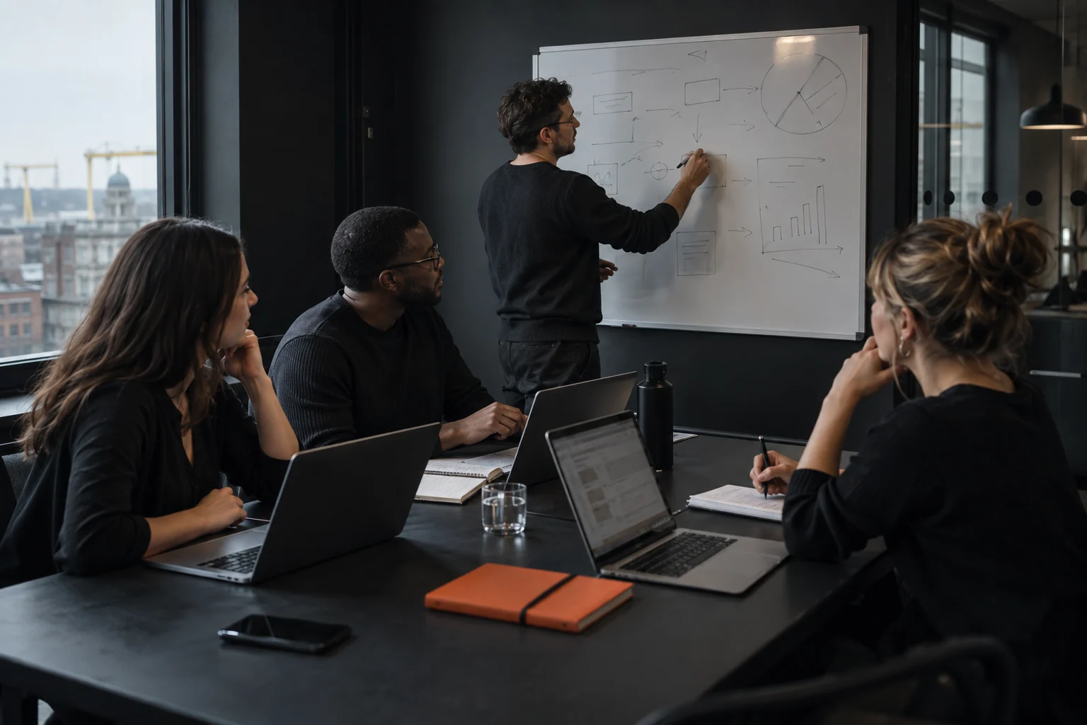 Four people planning together with laptops and diagrams on a whiteboard.