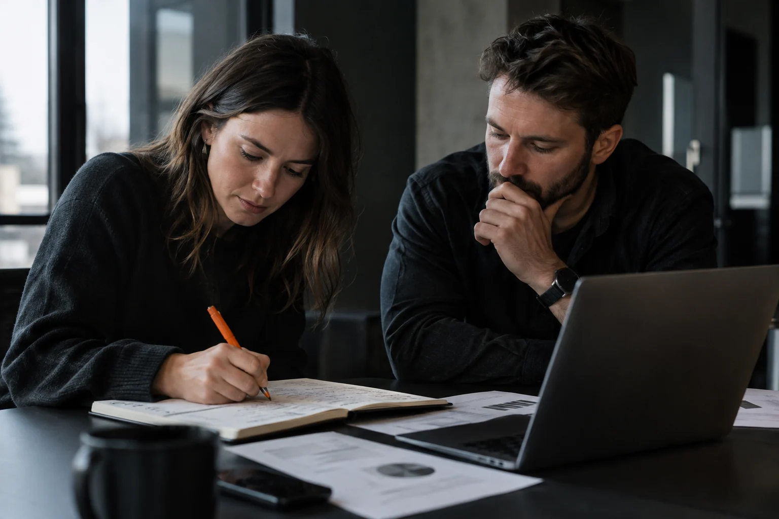 Two people working through a business plan with a notebook and laptop.