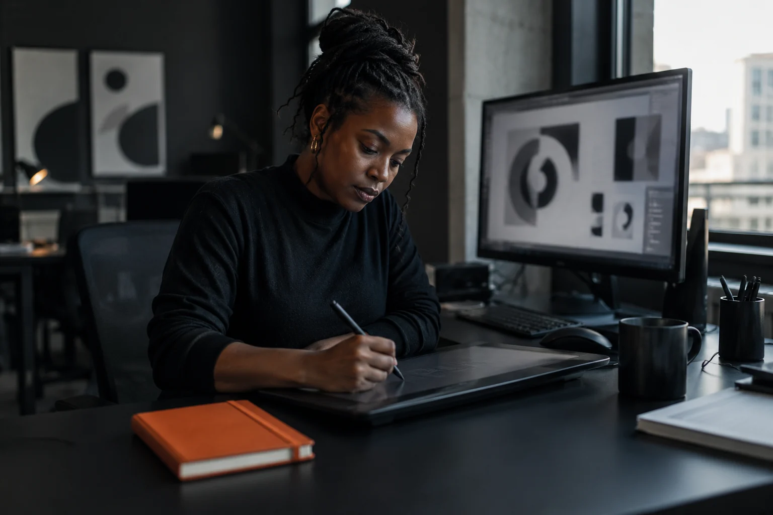 A designer sketching on a tablet beside a monitor showing layout work.