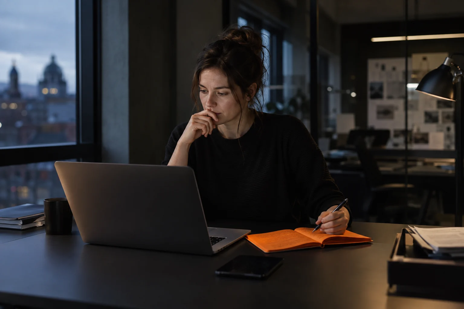 A founder thinking through a business plan with a laptop and notebook.