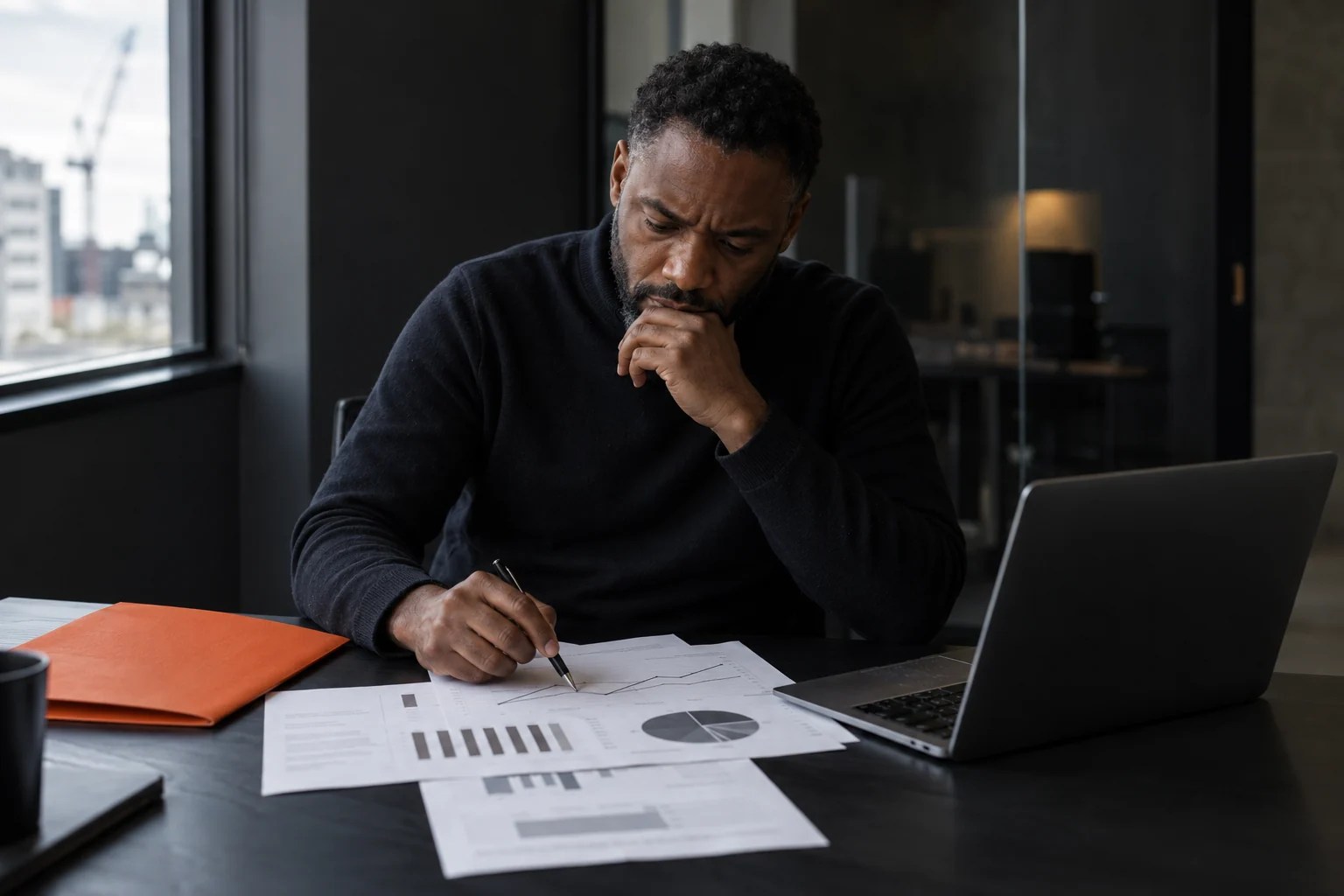 A business owner reviewing charts and making notes on a printed report.