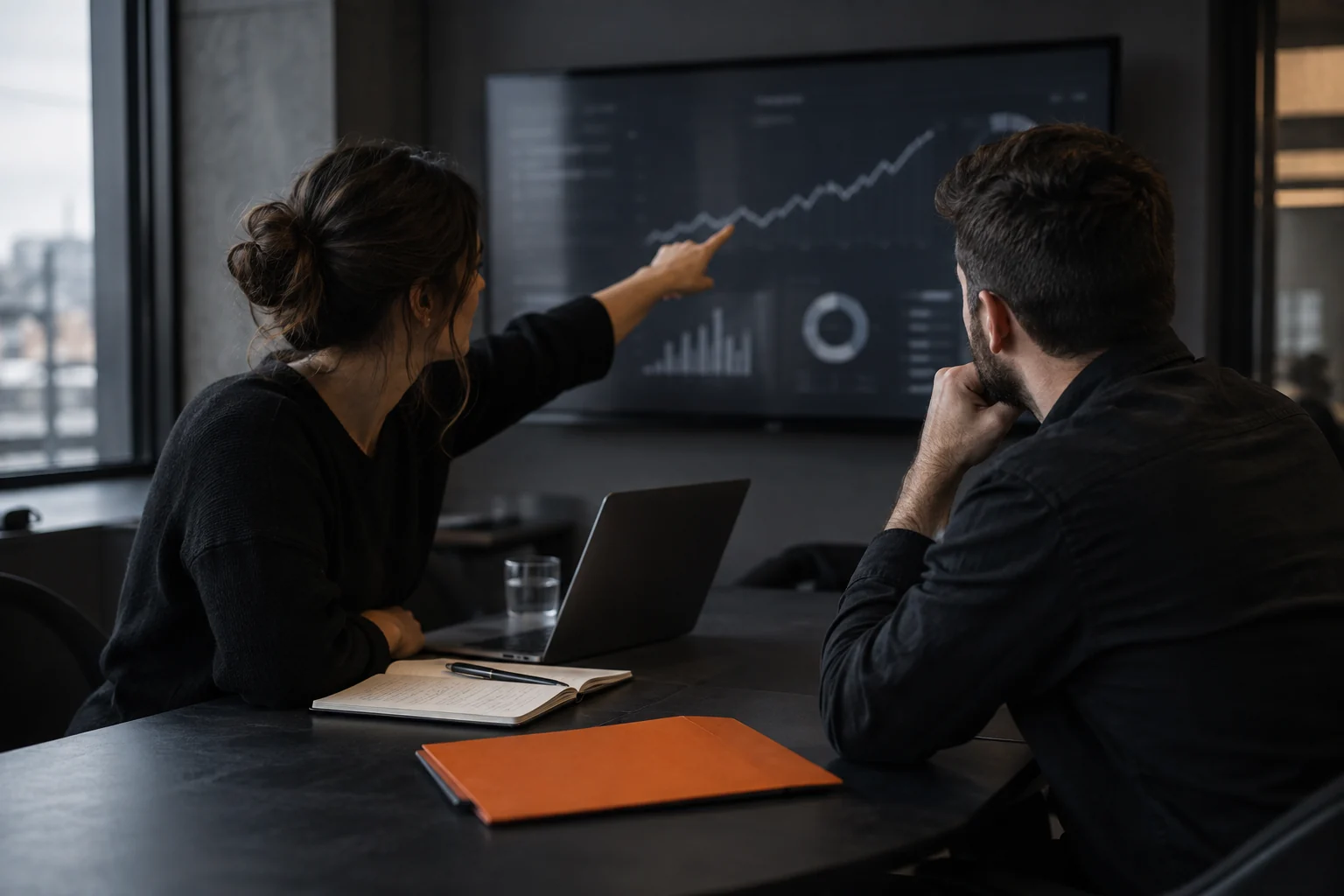 Two people reviewing a marketing dashboard on a large screen.