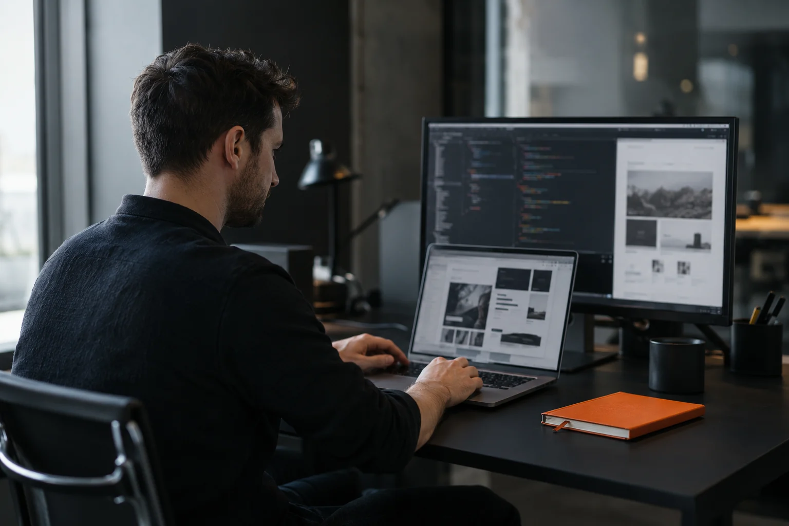 A developer working on a website with a laptop and second monitor.